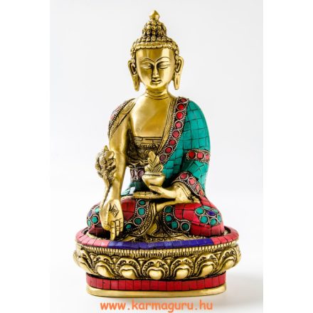 Gyógyító Buddha réz szobor, kővel berakott - 26 cm