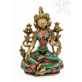   Zöld Tara réz szobor, kővel berakott, prémium minőség - 22 cm