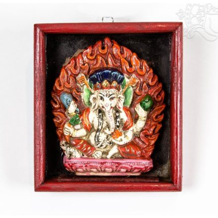 Ganesha színes kerámia szobor, falikép, fa keretben- 13 x 15 cm