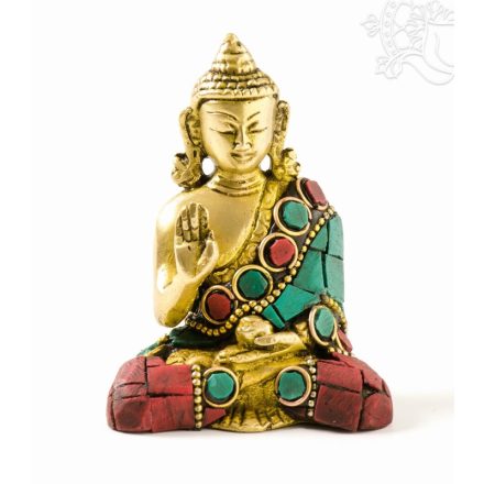 Áldó Buddha réz szobor, kővel berakott - 8 cm