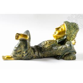   Pihenő Buddha réz szobor, zöld -arany- 38 cm - nagy méretű, különleges