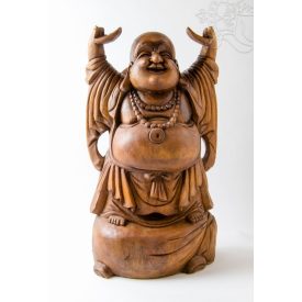   Álló nevető Buddha fa faragott szobor, nagy méretű - 50 cm