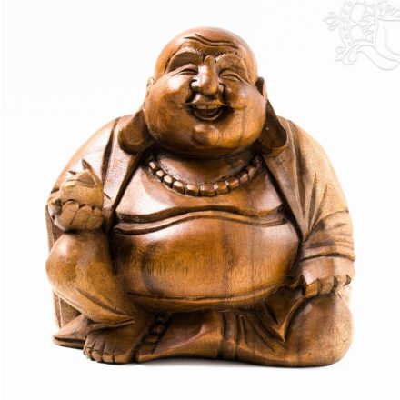 Nevető Buddha fa faragott szobor - 20 cm