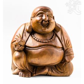 Nevető Buddha fa faragott szobor - 30 cm
