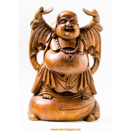 Álló nevető Buddha fa faragott szobor, nagy méretű - 42 cm