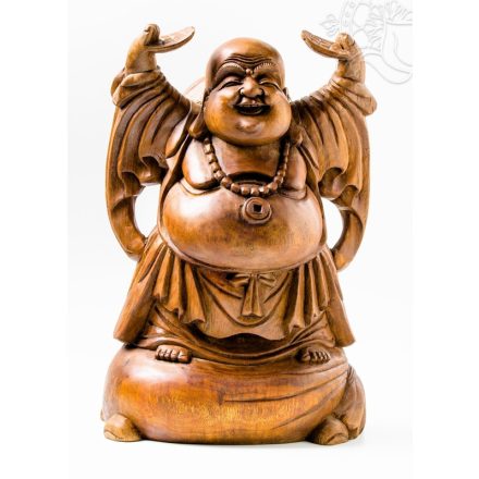 Álló nevető Buddha fa faragott szobor, nagy méretű - 42 cm