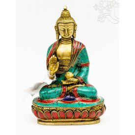   Áldó Buddha réz szobor, kővel berakott, prémium minőség - 16 cm