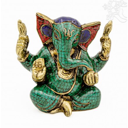 Ganesha réz szobor kővel berakott - prémium minőségű - 13 cm