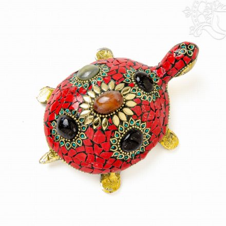 Piros kővel berakott teknős féldrágakövekkel, közepes - 13 cm