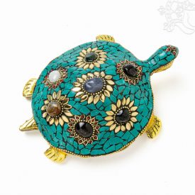   Zöld kővel berakott teknős féldrágakövekkel, nagy  - 17 cm