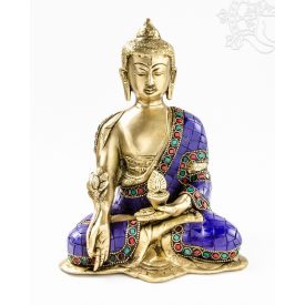 Gyógyító Buddha réz szobor, kővel berakott - 21cm