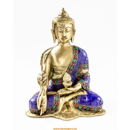 Gyógyító Buddha réz szobor, kővel berakott - 21cm