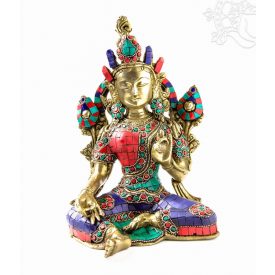 Zöld Tara réz szobor, kővel berakott - 24,5 cm