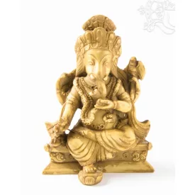 Ganesha trónon, csont színű rezin szobor - 11 cm