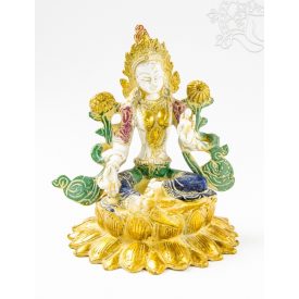Zöld Tara réz szobor, fehér-arany és színes - 16 cm