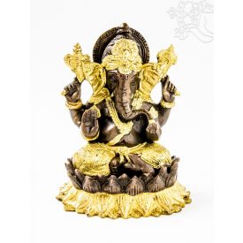 Ganesha lótuszon réz szobor, arany-bronz - 15 cm