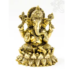 Ganesha lótuszon réz szobor, matt sárga - 15 cm