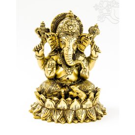 Ganesha lótuszon réz szobor, matt sárga - 15 cm