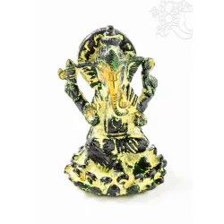 Ganesha lótuszon réz szobor, arany és sötétzöld - 6 cm