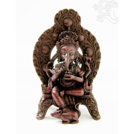 Ganesha trónon, vörös színű rezin szobor - 16 cm