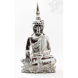   Shakyamuni Buddha fa faragott szobor, mosott fehér színű - 60 cm
