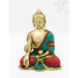   Gyógyító Buddha réz szobor, alj nélkül, kővel berakott - 20 cm