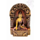 Shakyamuni Buddha trónon, rezin szobor, vörös-csont színű - 20 cm