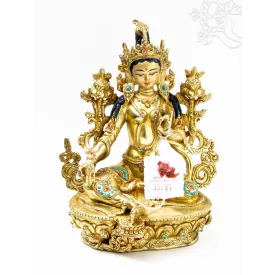 Zöld Tara aranyozott szobor - 22 cm - kő berakással