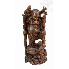   Álló nevető Buddha fa faragott szobor, hatalmas méretű - 100 cm