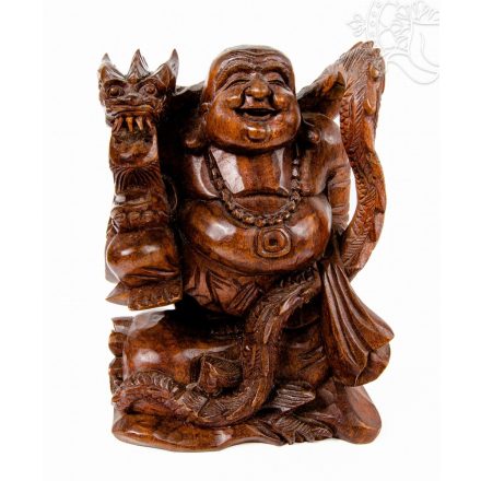 Nevető Buddha sárkánnyal faragott szobor – 30 cm