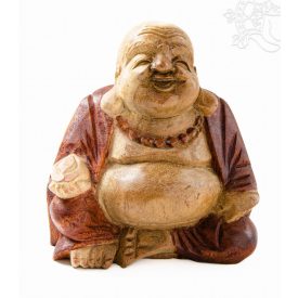 Nevető Buddha fa faragott szobor, 2 színű - 17 cm