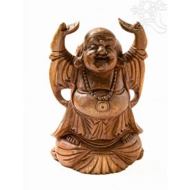 Álló nevető Buddha fa faragott szobor - 30 cm