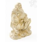 Nevető Buddha fa faragott szobor lótusz virágon - 23 cm