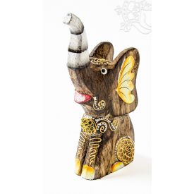 Festett mintás fa ülő elefánt -15 cm