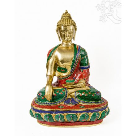 Shakyamuni Buddha réz szobor, nagy méretű, kővel berakott, különlegesség - 43 cm