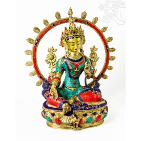   Zöld Tara réz szobor, kővel berakott, különlegesség - 53 cm