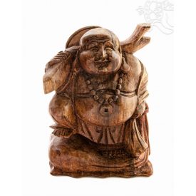 Álló nevető Buddha fa faragott szobor - 20 cm