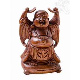 Álló nevető Buddha fa faragott szobor - 30 cm