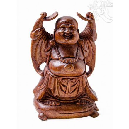Álló nevető Buddha fa faragott szobor - 30 cm