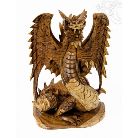 Prémium minőségű faragott fa sárkány szobor - 35 cm