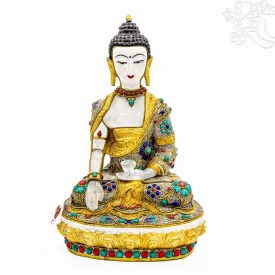   Aranyozott hegyikristály Shakyamuni Buddha szobor féldrágakő berakásokkal – 33 cm