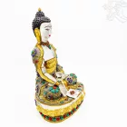 Aranyozott hegyikristály Shakyamuni Buddha szobor féldrágakő berakásokkal – 33 cm