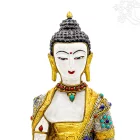 Aranyozott hegyikristály Shakyamuni Buddha szobor féldrágakő berakásokkal – 33 cm
