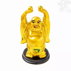Álló Nevető Buddha arany színű rezin szobor - 12 cm