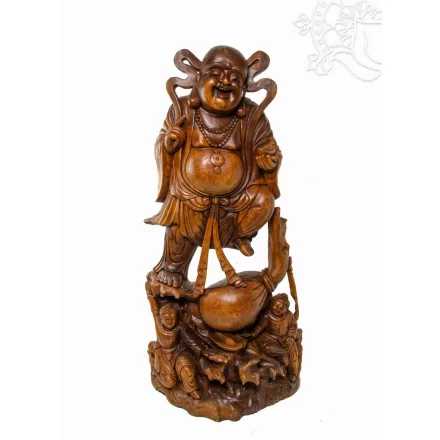 Nevető Buddha különleges, kézzel faragott fa szobor – 101 cm