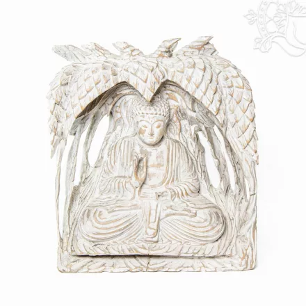 Tanító Buddha a fa ölelésében, különleges kézzel faragott szobor – 40 cm