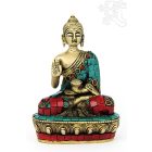 Áldó Buddha réz szobor, matt sárga, kővel berakott - 14 cm