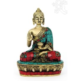   Áldó Buddha réz szobor, matt sárga, kővel berakott - 14 cm