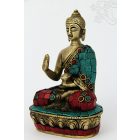 Áldó Buddha réz szobor, matt sárga, kővel berakott - 14 cm