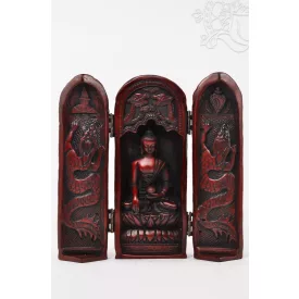 Buddha nyitható oltár vörös színű rezin szobor - 20 cm